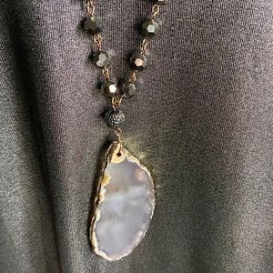 New Sliced Purple Agate Hematite Glass Bead Gold Tone Link Necklace